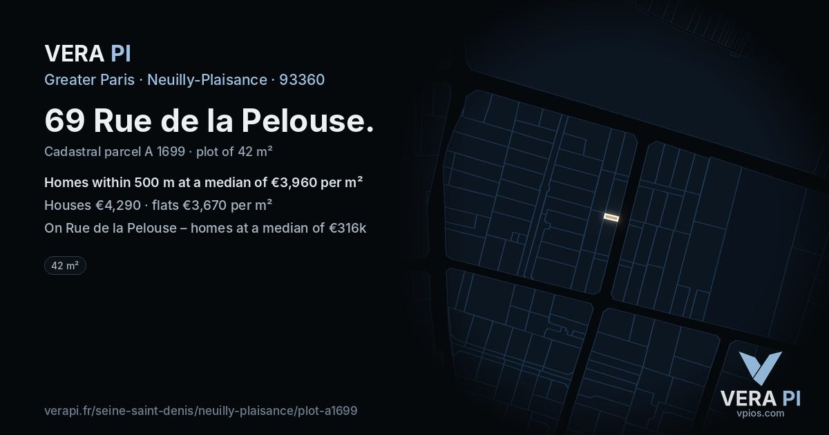 69 Rue de la Pelouse, Neuilly-Plaisance at night – the plot lit, the parcels around coloured by the prices near them