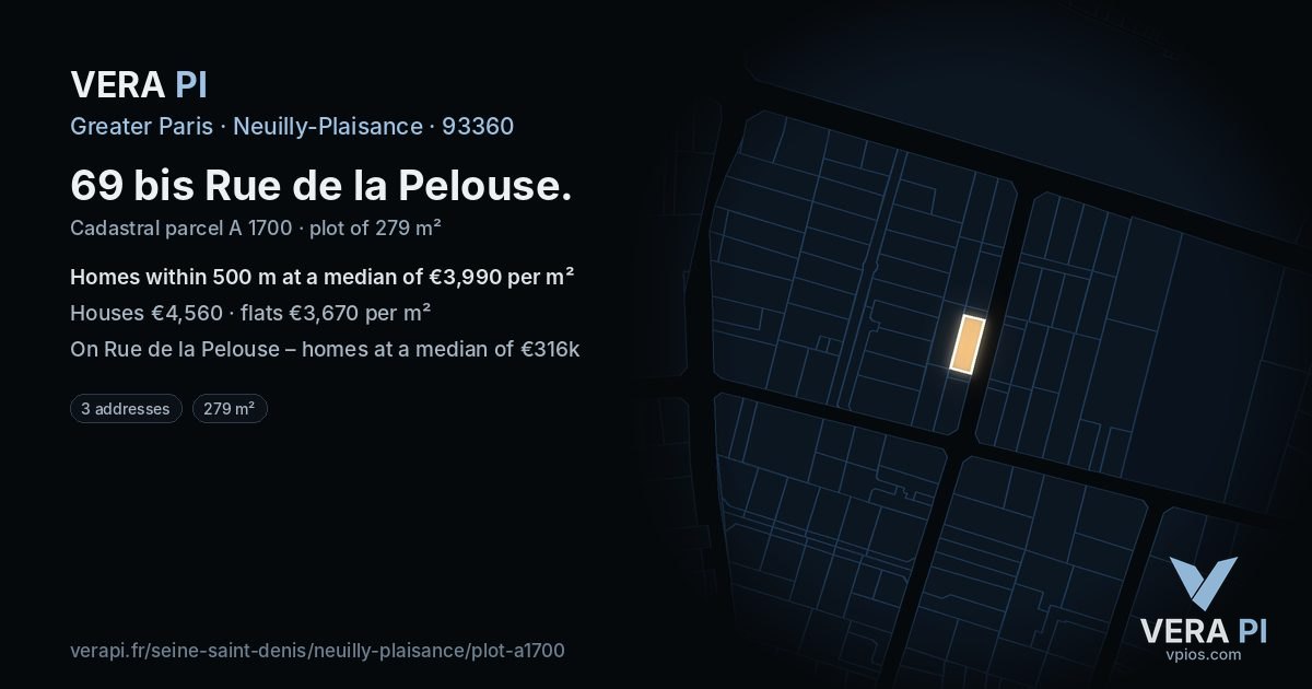 69 bis Rue de la Pelouse, Neuilly-Plaisance at night – the plot lit, the parcels around coloured by the prices near them