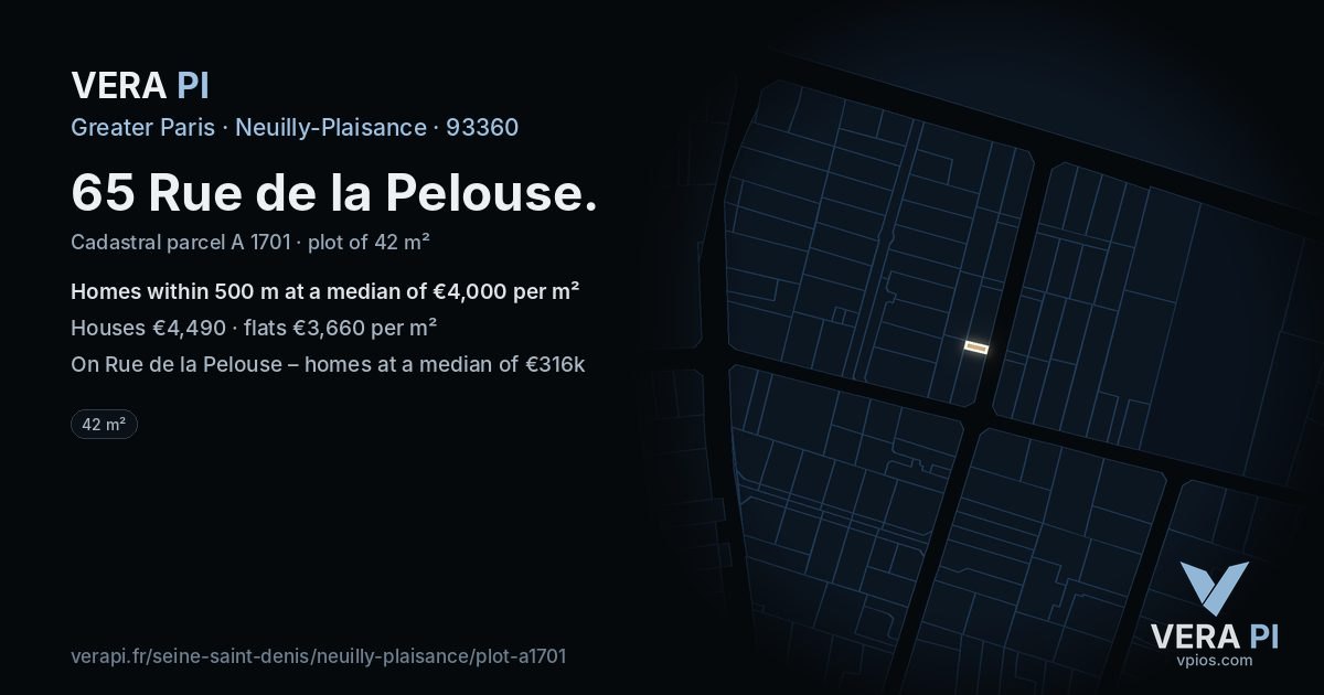 65 Rue de la Pelouse, Neuilly-Plaisance at night – the plot lit, the parcels around coloured by the prices near them