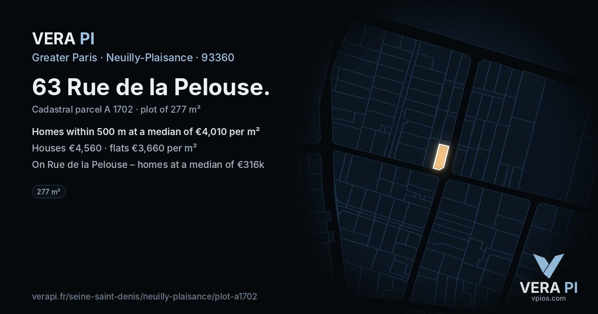 63 Rue de la Pelouse, Neuilly-Plaisance at night – the plot lit, the parcels around coloured by the prices near them