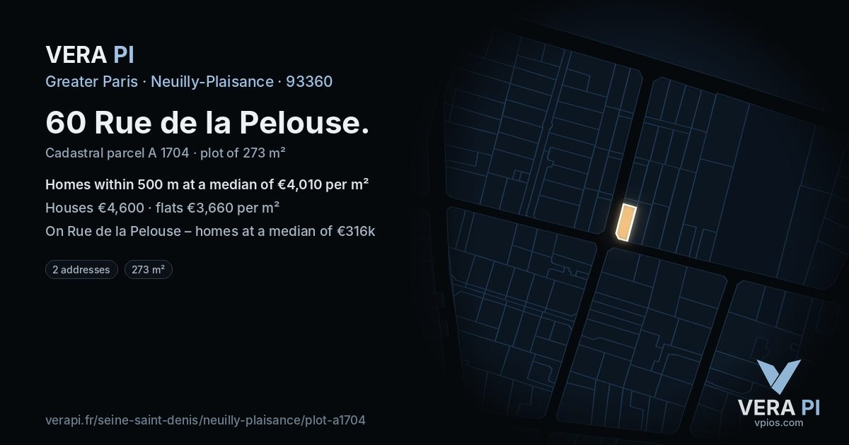 60 Rue de la Pelouse, Neuilly-Plaisance at night – the plot lit, the parcels around coloured by the prices near them