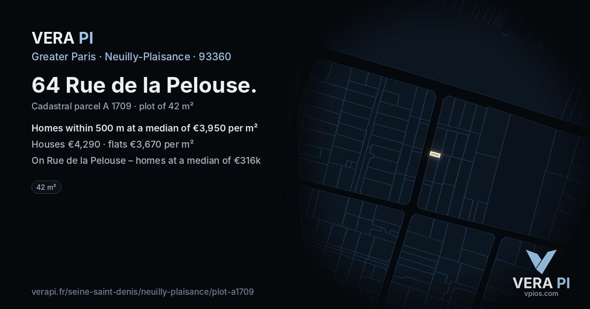 64 Rue de la Pelouse, Neuilly-Plaisance at night – the plot lit, the parcels around coloured by the prices near them