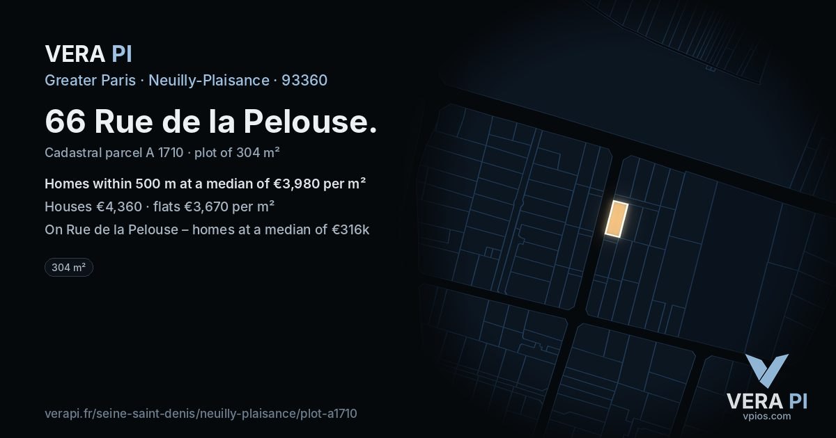 66 Rue de la Pelouse, Neuilly-Plaisance at night – the plot lit, the parcels around coloured by the prices near them