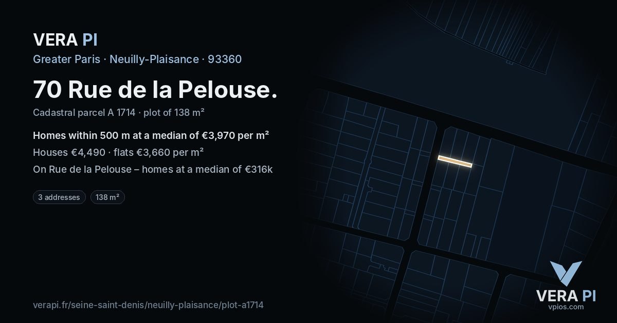 70 Rue de la Pelouse, Neuilly-Plaisance at night – the plot lit, the parcels around coloured by the prices near them