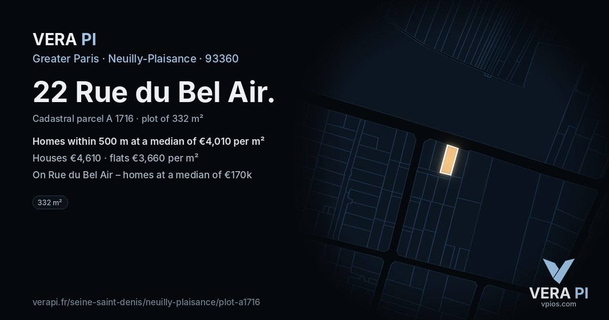 22 Rue du Bel Air, Neuilly-Plaisance at night – the plot lit, the parcels around coloured by the prices near them