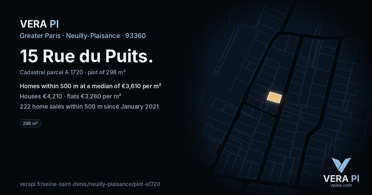 15 Rue du Puits, Neuilly-Plaisance at night – the plot lit, the parcels around coloured by the prices near them