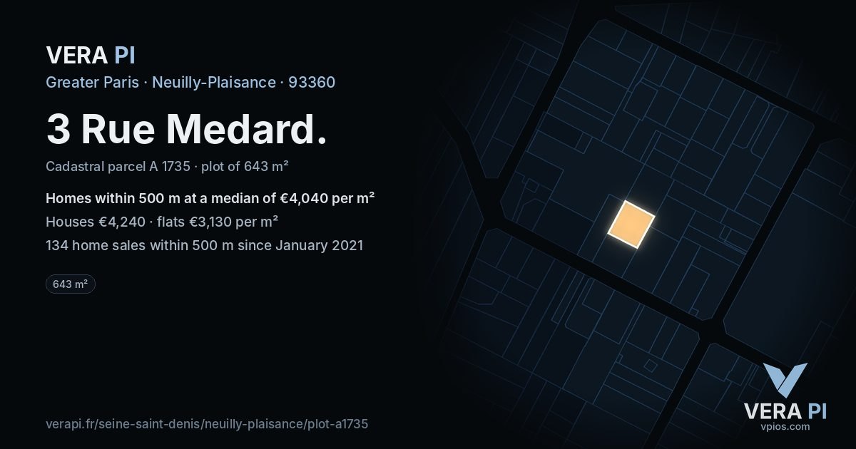 3 Rue Medard, Neuilly-Plaisance at night – the plot lit, the parcels around coloured by the prices near them