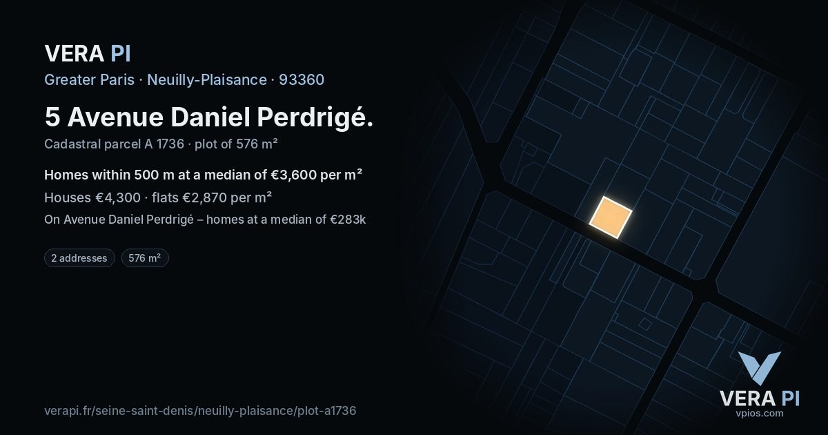 5 Avenue Daniel Perdrigé, Neuilly-Plaisance at night – the plot lit, the parcels around coloured by the prices near them