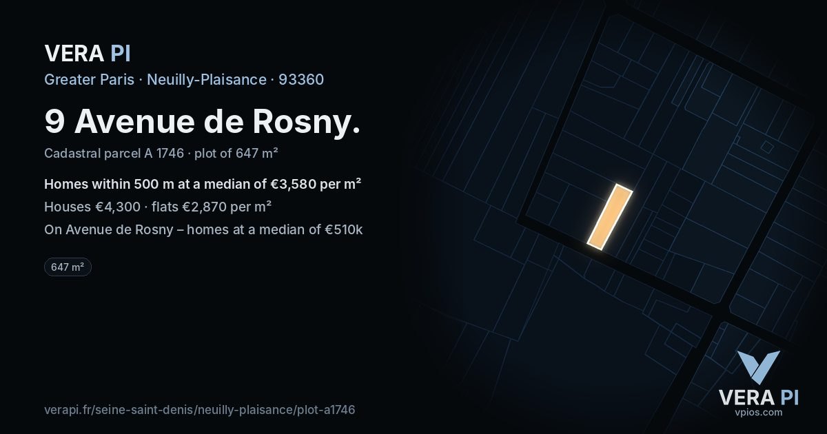 9 Avenue de Rosny, Neuilly-Plaisance at night – the plot lit, the parcels around coloured by the prices near them