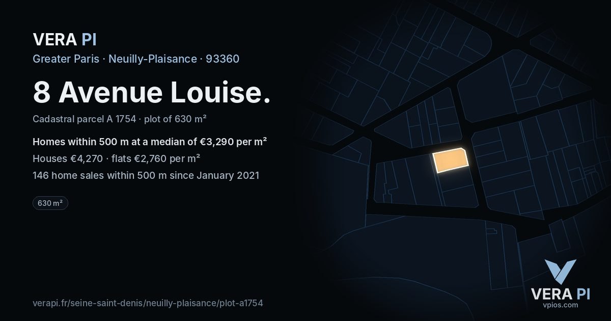 8 Avenue Louise, Neuilly-Plaisance at night – the plot lit, the parcels around coloured by the prices near them