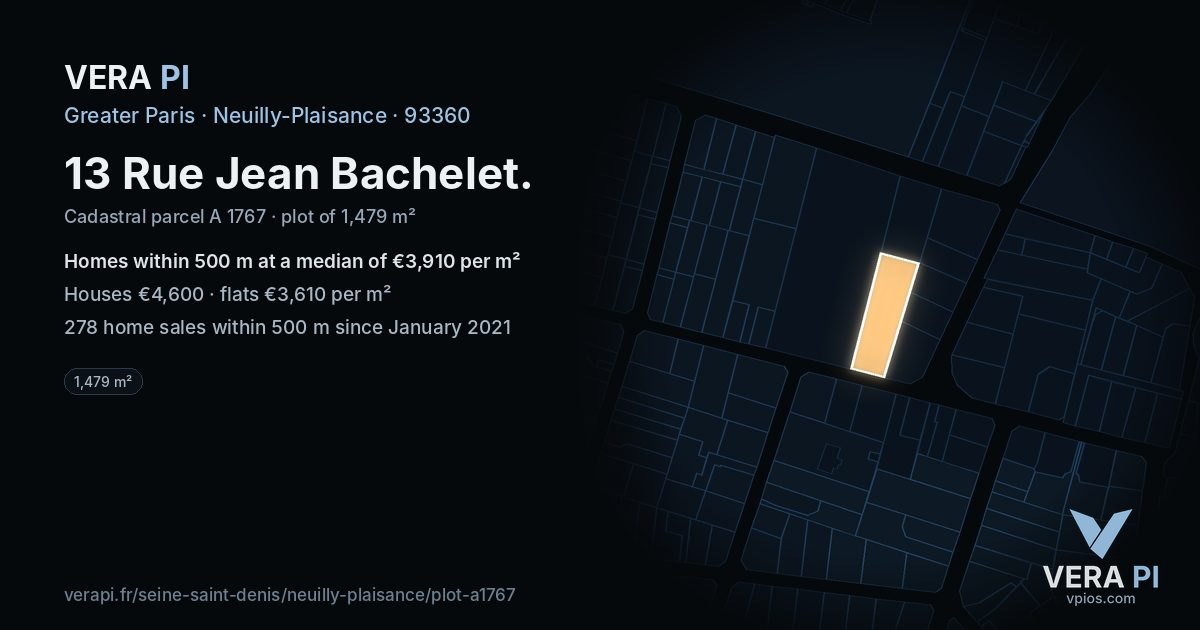 13 Rue Jean Bachelet, Neuilly-Plaisance at night – the plot lit, the parcels around coloured by the prices near them