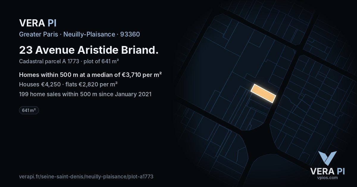 23 Avenue Aristide Briand, Neuilly-Plaisance at night – the plot lit, the parcels around coloured by the prices near them