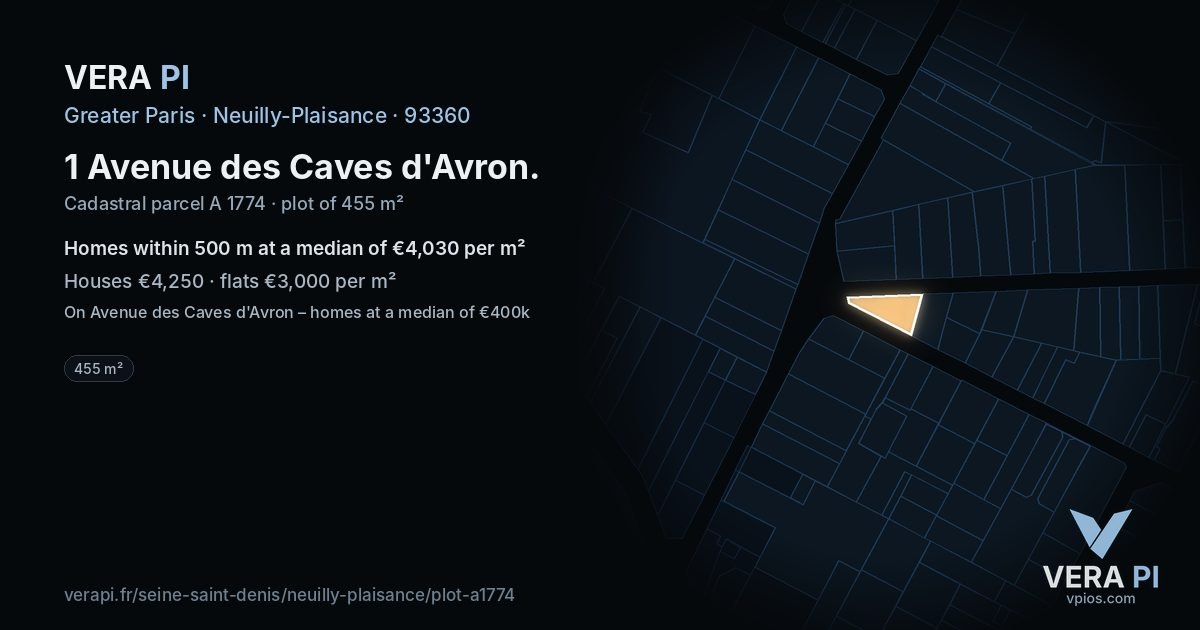 1 Avenue des Caves d'Avron, Neuilly-Plaisance at night – the plot lit, the parcels around coloured by the prices near them