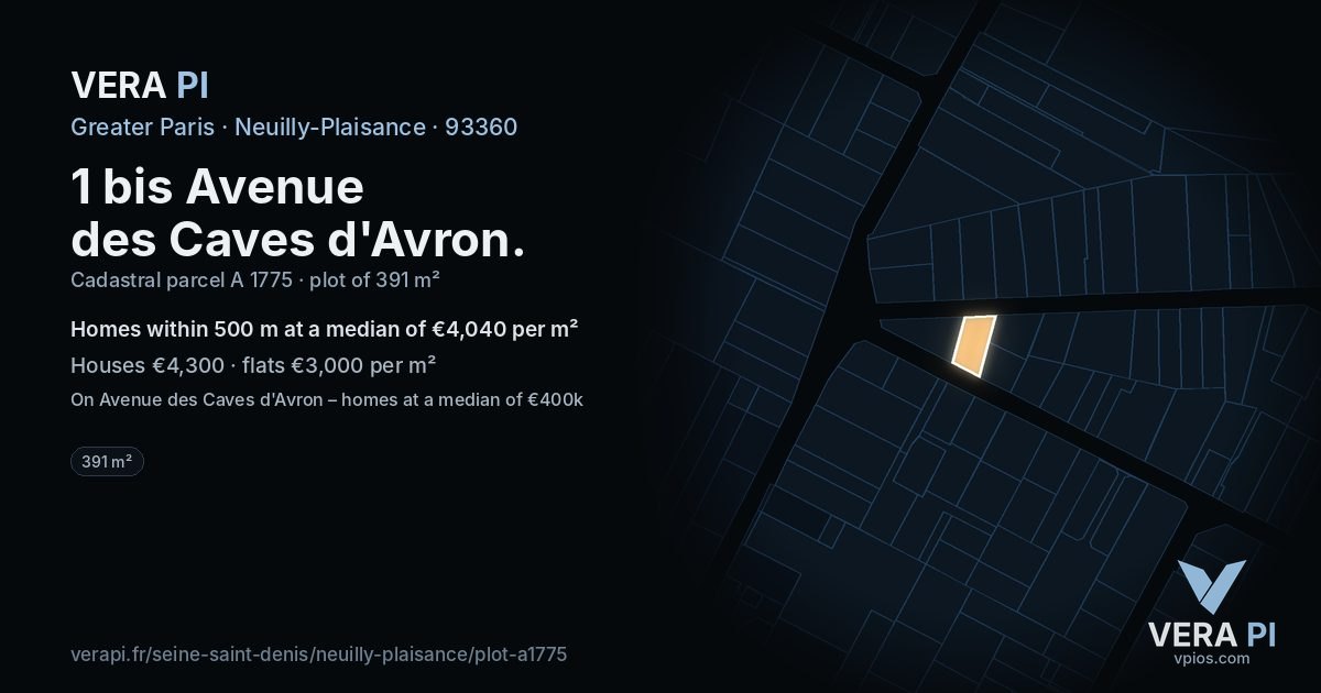 1 bis Avenue des Caves d'Avron, Neuilly-Plaisance at night – the plot lit, the parcels around coloured by the prices near them