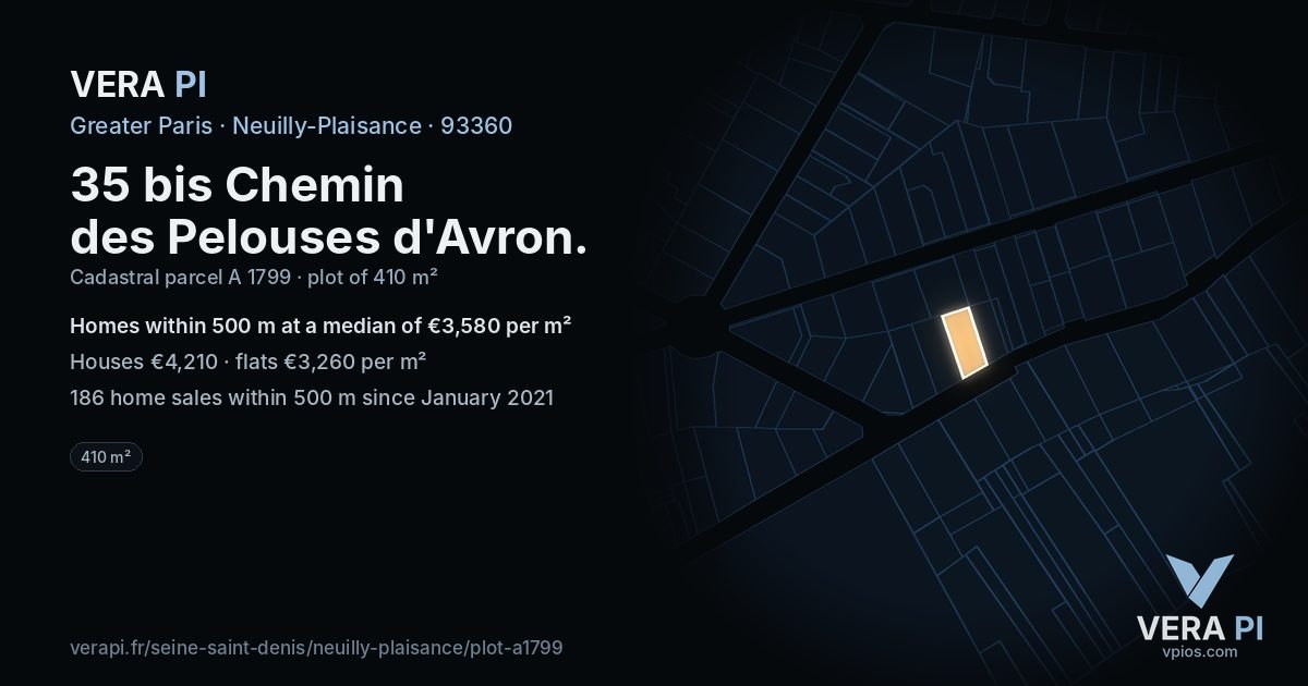 35 bis Chemin des Pelouses d'Avron, Neuilly-Plaisance at night – the plot lit, the parcels around coloured by the prices near them