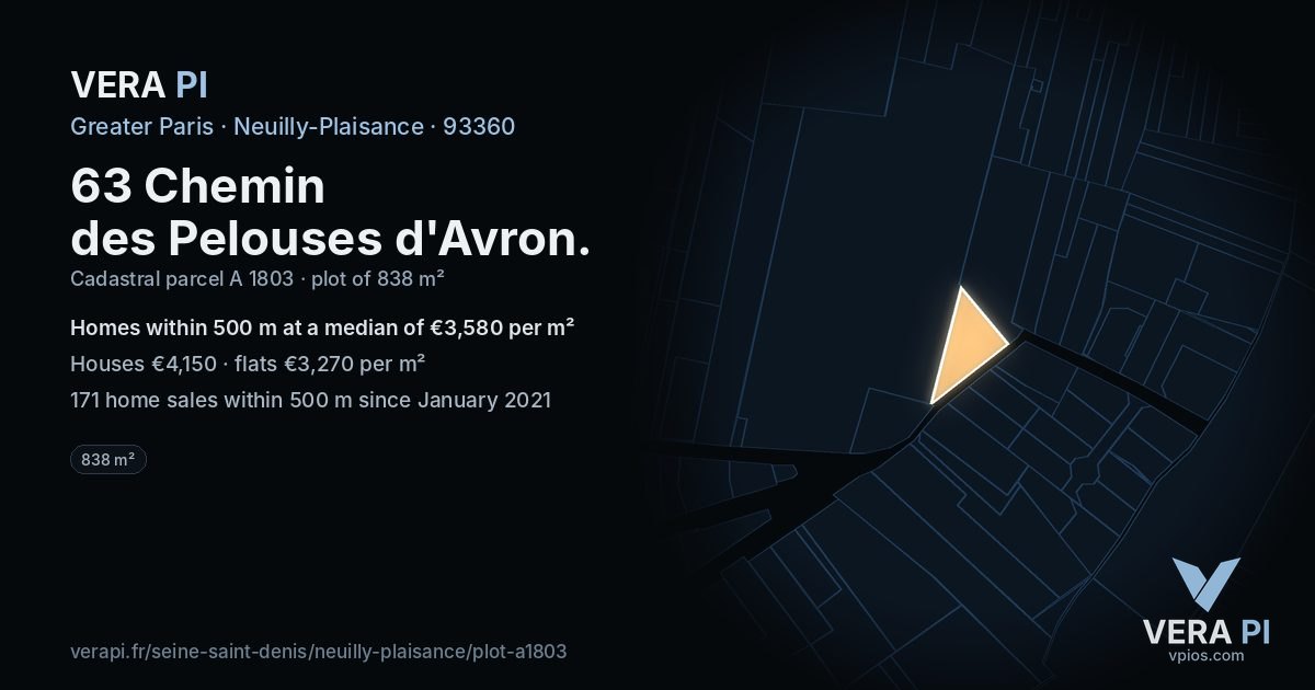 63 Chemin des Pelouses d'Avron, Neuilly-Plaisance at night – the plot lit, the parcels around coloured by the prices near them