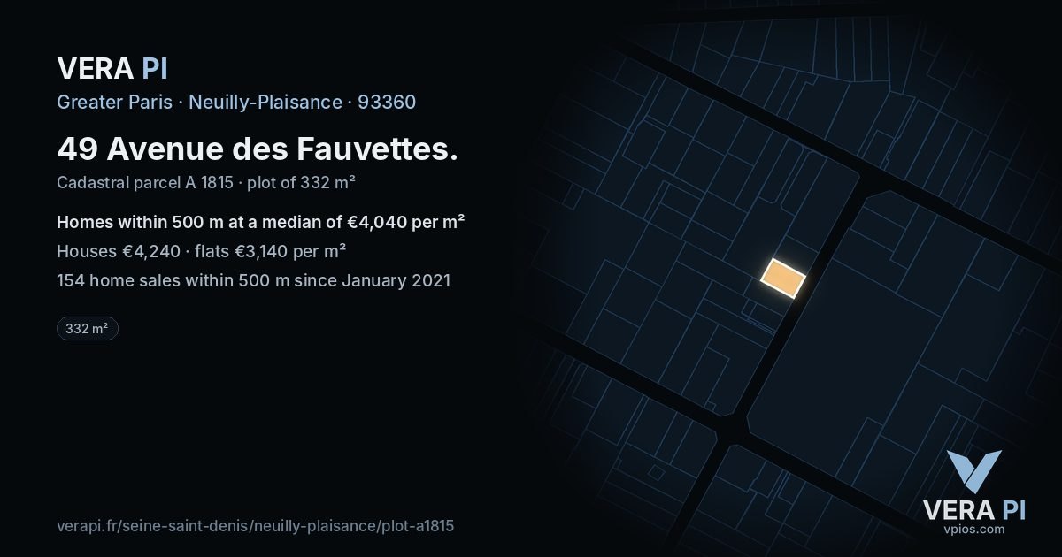 49 Avenue des Fauvettes, Neuilly-Plaisance at night – the plot lit, the parcels around coloured by the prices near them