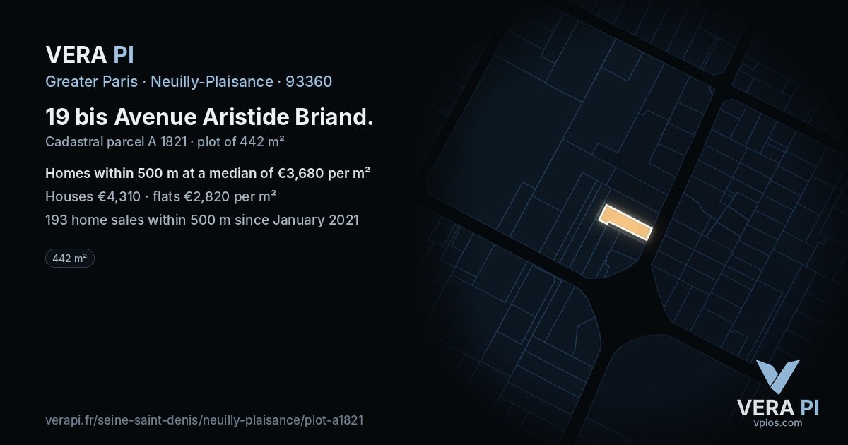 19 bis Avenue Aristide Briand, Neuilly-Plaisance at night – the plot lit, the parcels around coloured by the prices near them