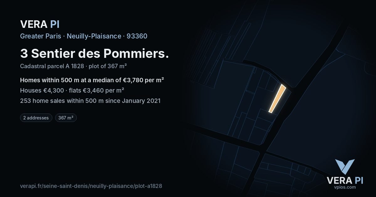 3 Sentier des Pommiers, Neuilly-Plaisance at night – the plot lit, the parcels around coloured by the prices near them