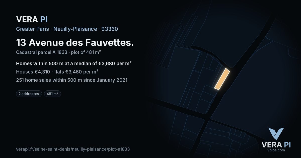 13 Avenue des Fauvettes, Neuilly-Plaisance at night – the plot lit, the parcels around coloured by the prices near them