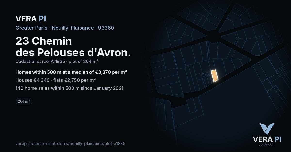 23 Chemin des Pelouses d'Avron, Neuilly-Plaisance at night – the plot lit, the parcels around coloured by the prices near them