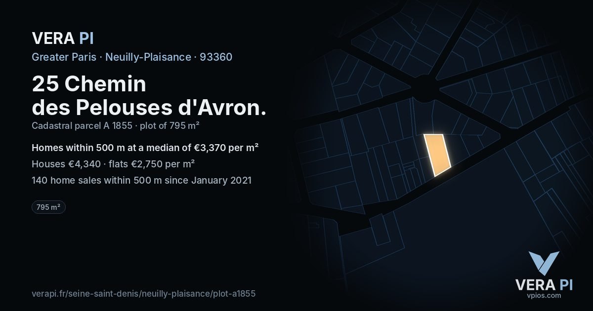 25 Chemin des Pelouses d'Avron, Neuilly-Plaisance at night – the plot lit, the parcels around coloured by the prices near them