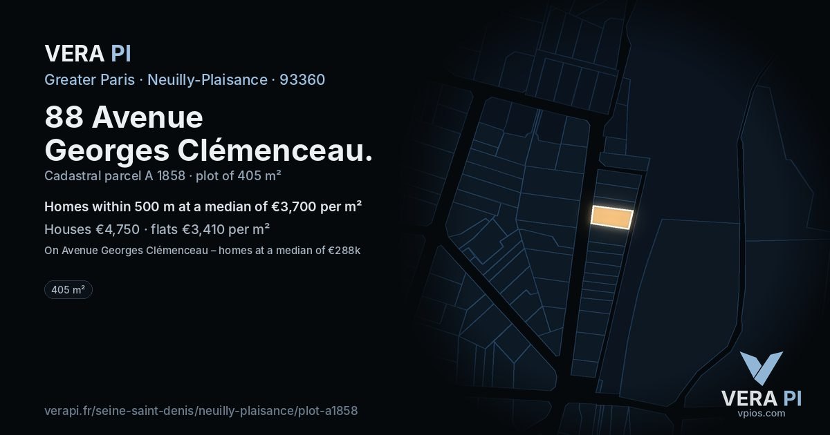 88 Avenue Georges Clémenceau, Neuilly-Plaisance at night – the plot lit, the parcels around coloured by the prices near them