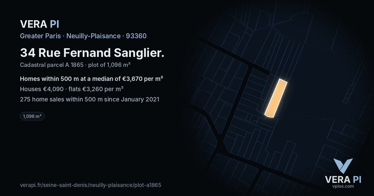 34 Rue Fernand Sanglier, Neuilly-Plaisance at night – the plot lit, the parcels around coloured by the prices near them