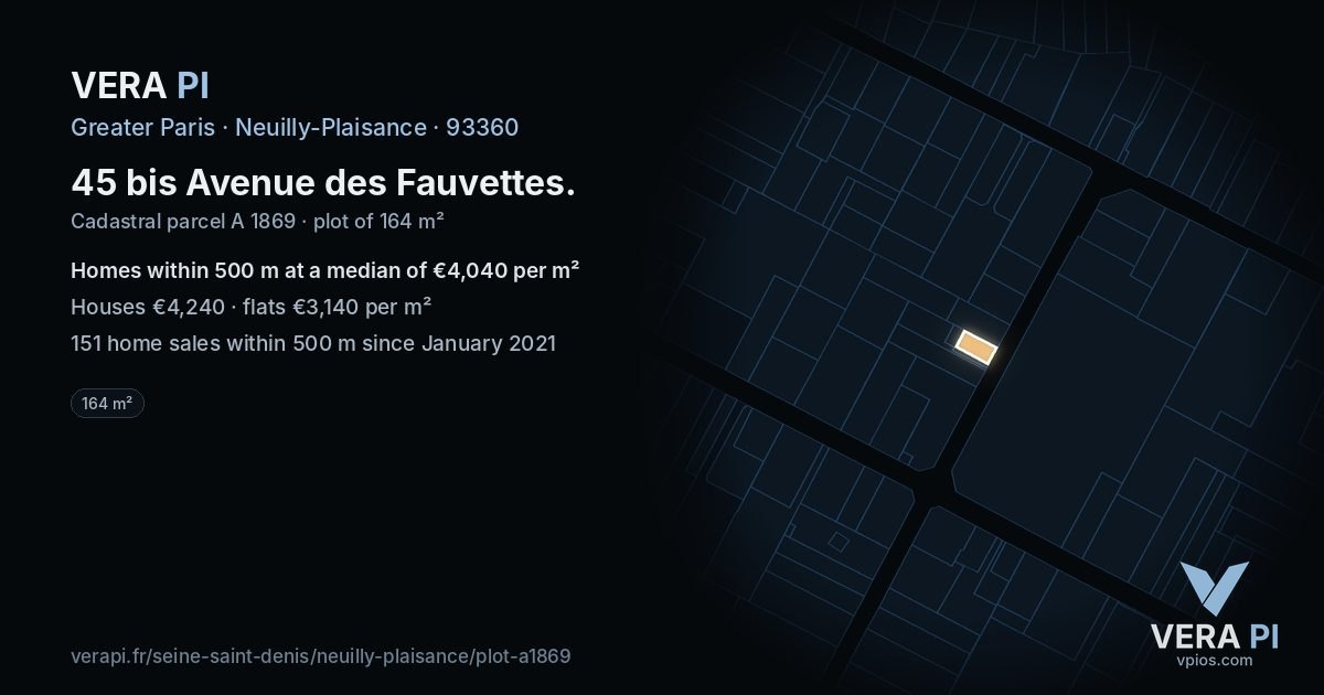 45 bis Avenue des Fauvettes, Neuilly-Plaisance at night – the plot lit, the parcels around coloured by the prices near them