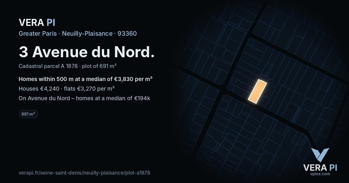 3 Avenue du Nord, Neuilly-Plaisance at night – the plot lit, the parcels around coloured by the prices near them