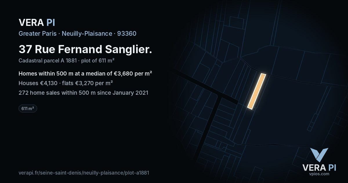 37 Rue Fernand Sanglier, Neuilly-Plaisance at night – the plot lit, the parcels around coloured by the prices near them