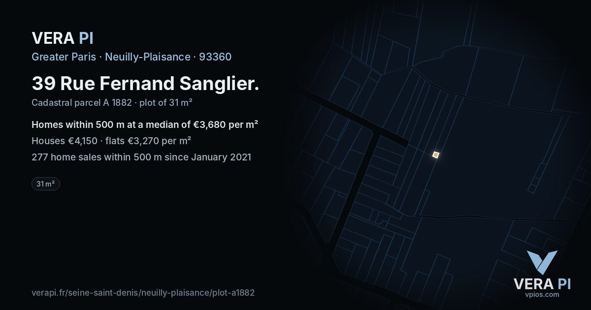 39 Rue Fernand Sanglier, Neuilly-Plaisance at night – the plot lit, the parcels around coloured by the prices near them