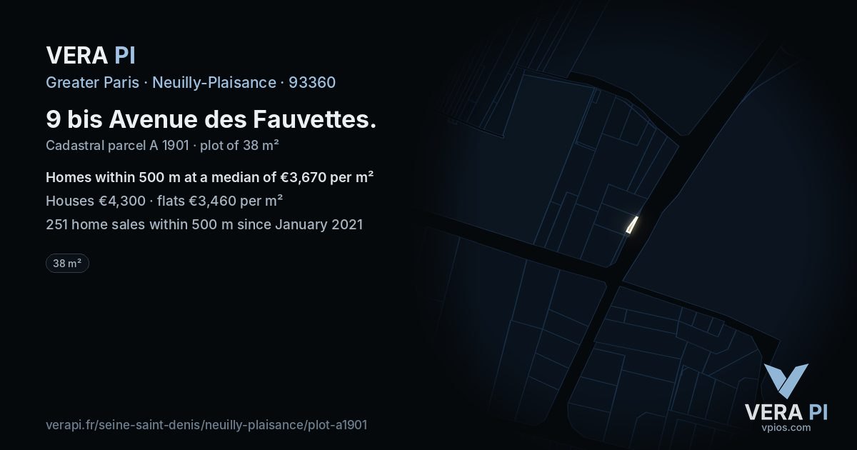 9 bis Avenue des Fauvettes, Neuilly-Plaisance at night – the plot lit, the parcels around coloured by the prices near them