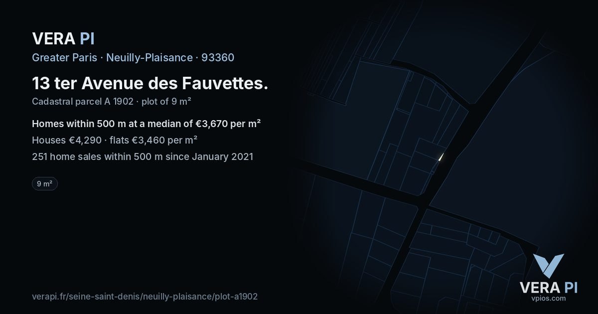 13 ter Avenue des Fauvettes, Neuilly-Plaisance at night – the plot lit, the parcels around coloured by the prices near them