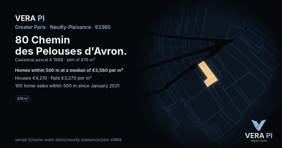 80 Chemin des Pelouses d'Avron, Neuilly-Plaisance at night – the plot lit, the parcels around coloured by the prices near them