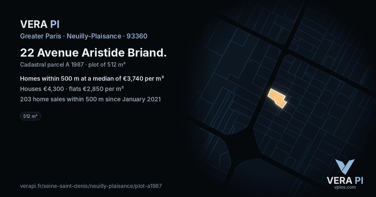 22 Avenue Aristide Briand, Neuilly-Plaisance at night – the plot lit, the parcels around coloured by the prices near them