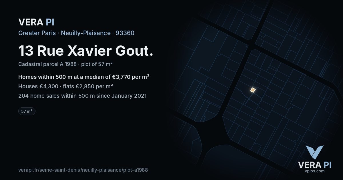 13 Rue Xavier Gout, Neuilly-Plaisance at night – the plot lit, the parcels around coloured by the prices near them