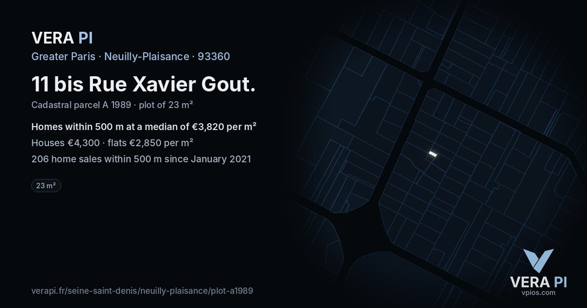 11 bis Rue Xavier Gout, Neuilly-Plaisance at night – the plot lit, the parcels around coloured by the prices near them