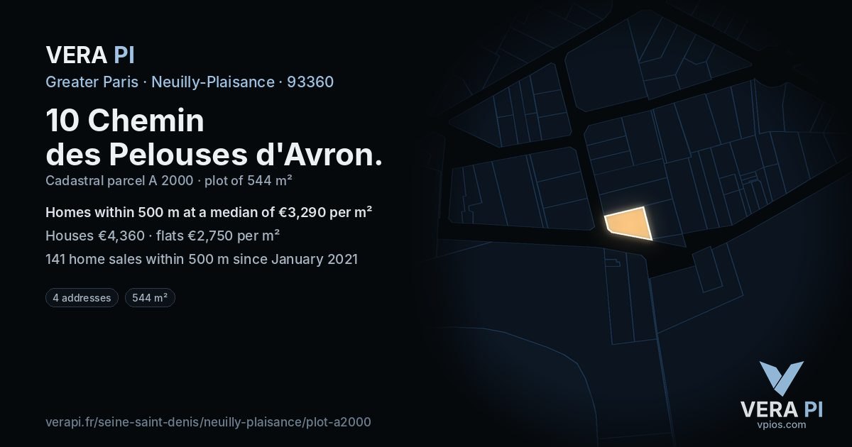 10 Chemin des Pelouses d'Avron, Neuilly-Plaisance at night – the plot lit, the parcels around coloured by the prices near them