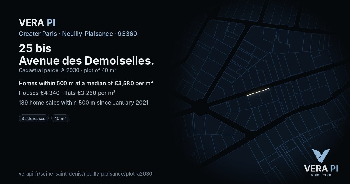 25 bis Avenue des Demoiselles, Neuilly-Plaisance at night – the plot lit, the parcels around coloured by the prices near them