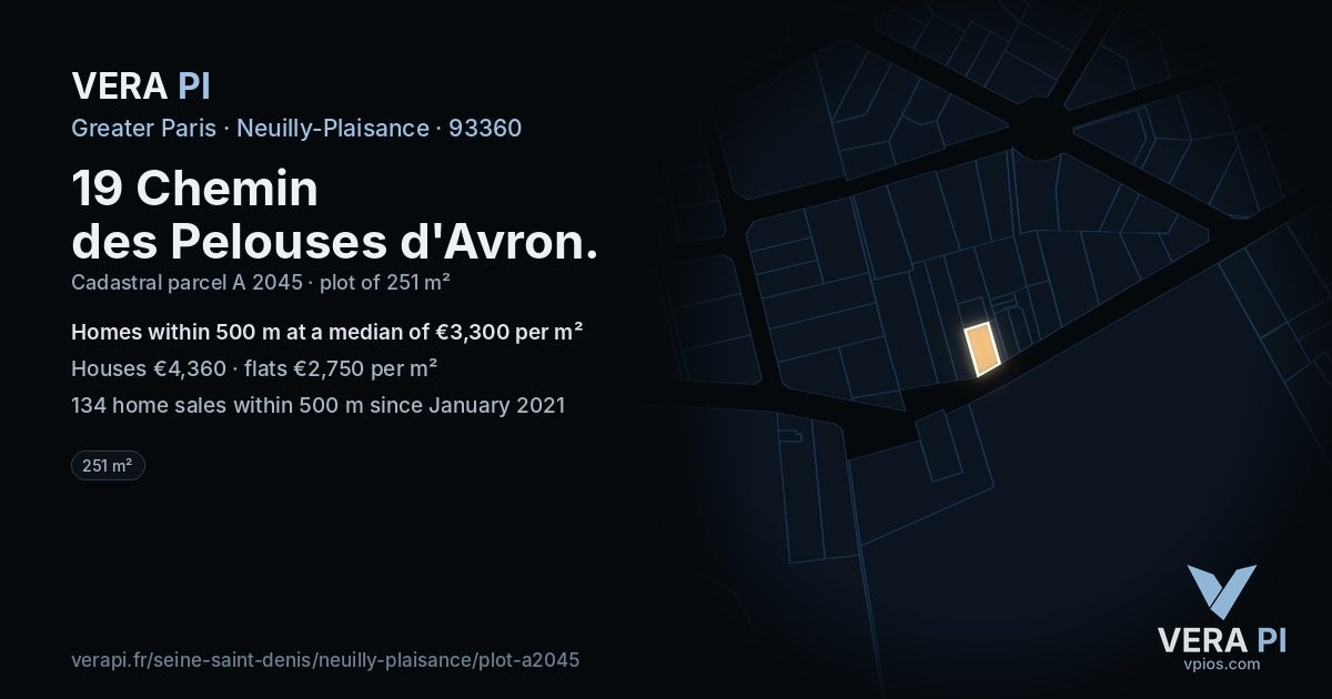 19 Chemin des Pelouses d'Avron, Neuilly-Plaisance at night – the plot lit, the parcels around coloured by the prices near them