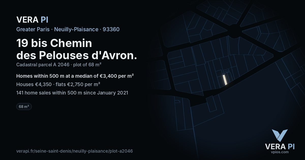 19 bis Chemin des Pelouses d'Avron, Neuilly-Plaisance at night – the plot lit, the parcels around coloured by the prices near them