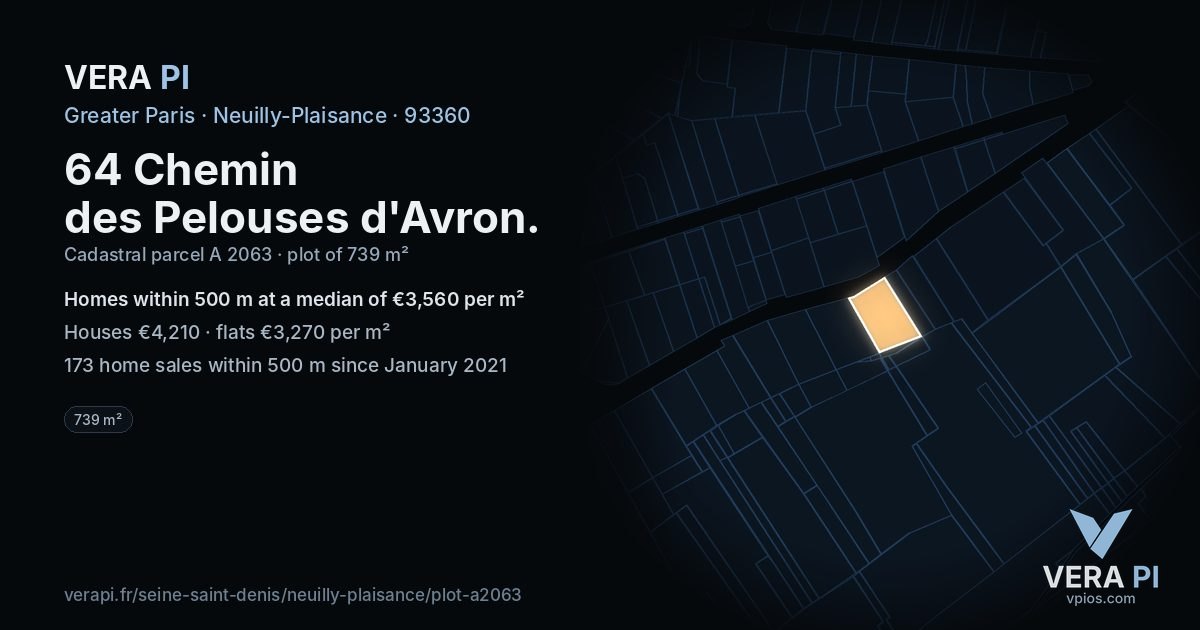64 Chemin des Pelouses d'Avron, Neuilly-Plaisance at night – the plot lit, the parcels around coloured by the prices near them