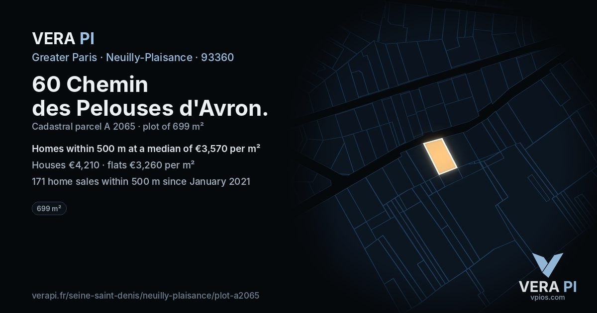 60 Chemin des Pelouses d'Avron, Neuilly-Plaisance at night – the plot lit, the parcels around coloured by the prices near them