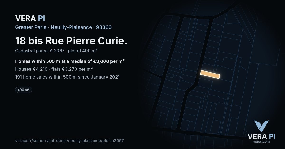 18 bis Rue Pierre Curie, Neuilly-Plaisance at night – the plot lit, the parcels around coloured by the prices near them