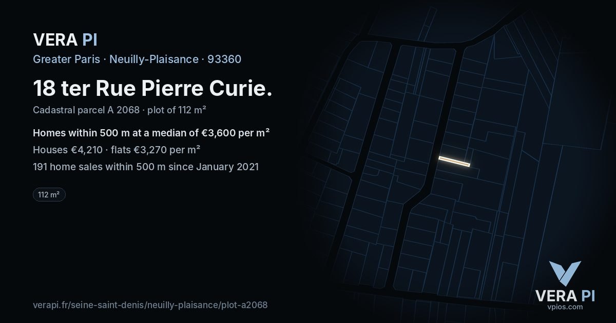 18 ter Rue Pierre Curie, Neuilly-Plaisance at night – the plot lit, the parcels around coloured by the prices near them