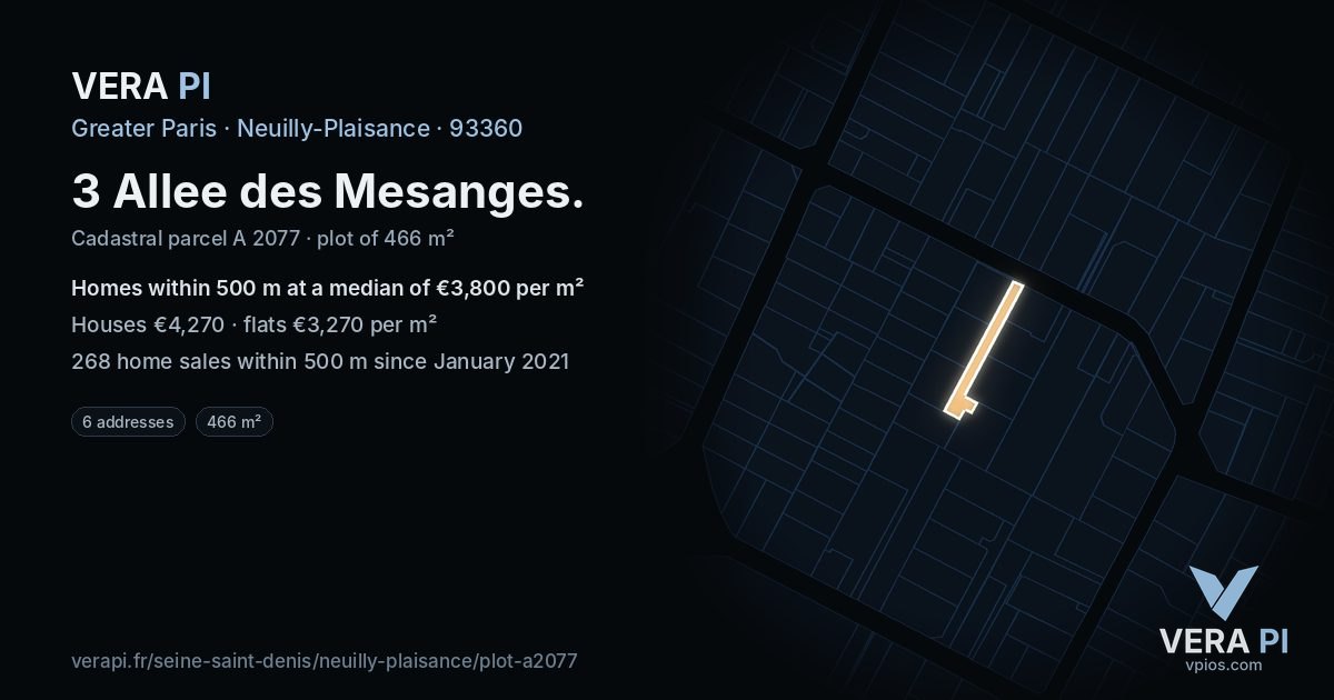 3 Allee des Mesanges, Neuilly-Plaisance at night – the plot lit, the parcels around coloured by the prices near them