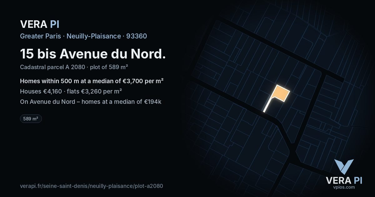 15 bis Avenue du Nord, Neuilly-Plaisance at night – the plot lit, the parcels around coloured by the prices near them