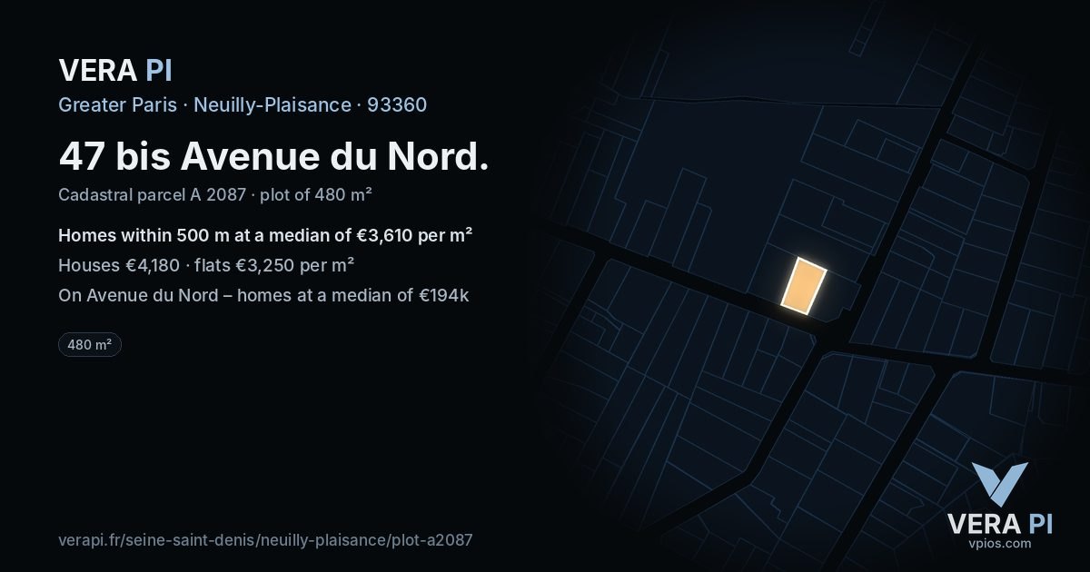 47 bis Avenue du Nord, Neuilly-Plaisance at night – the plot lit, the parcels around coloured by the prices near them