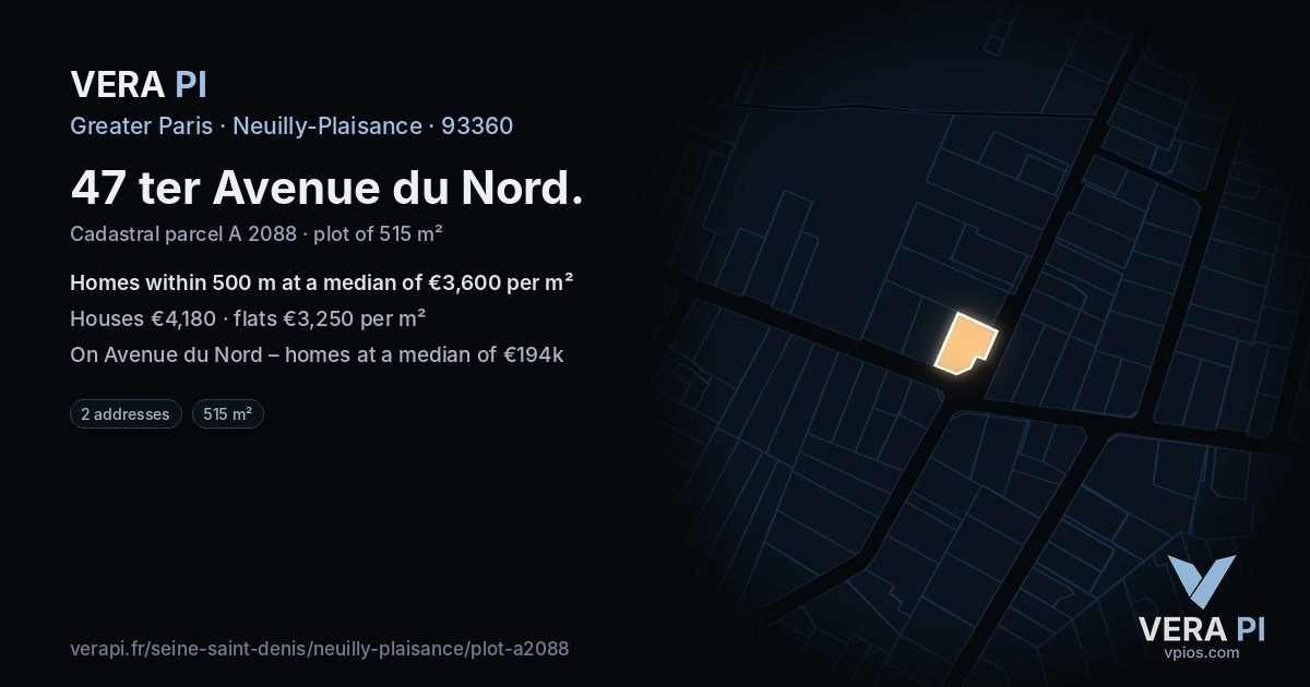 47 ter Avenue du Nord, Neuilly-Plaisance at night – the plot lit, the parcels around coloured by the prices near them